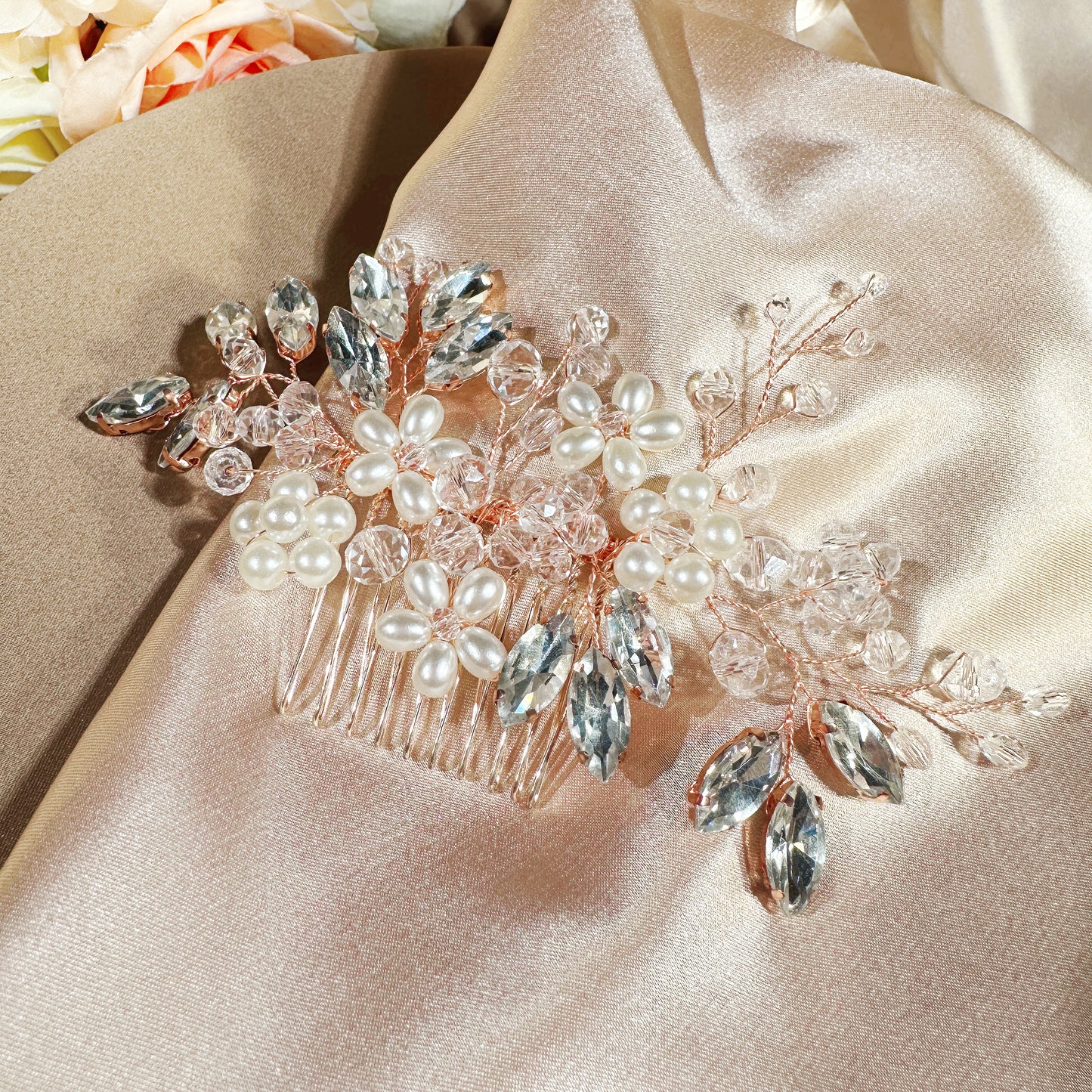 #23306325 Luxury Rhinestone Haircomb with Pearls and Crystals | Exquisite Bridal Accessory | Rose Gold Bridal Haircomb