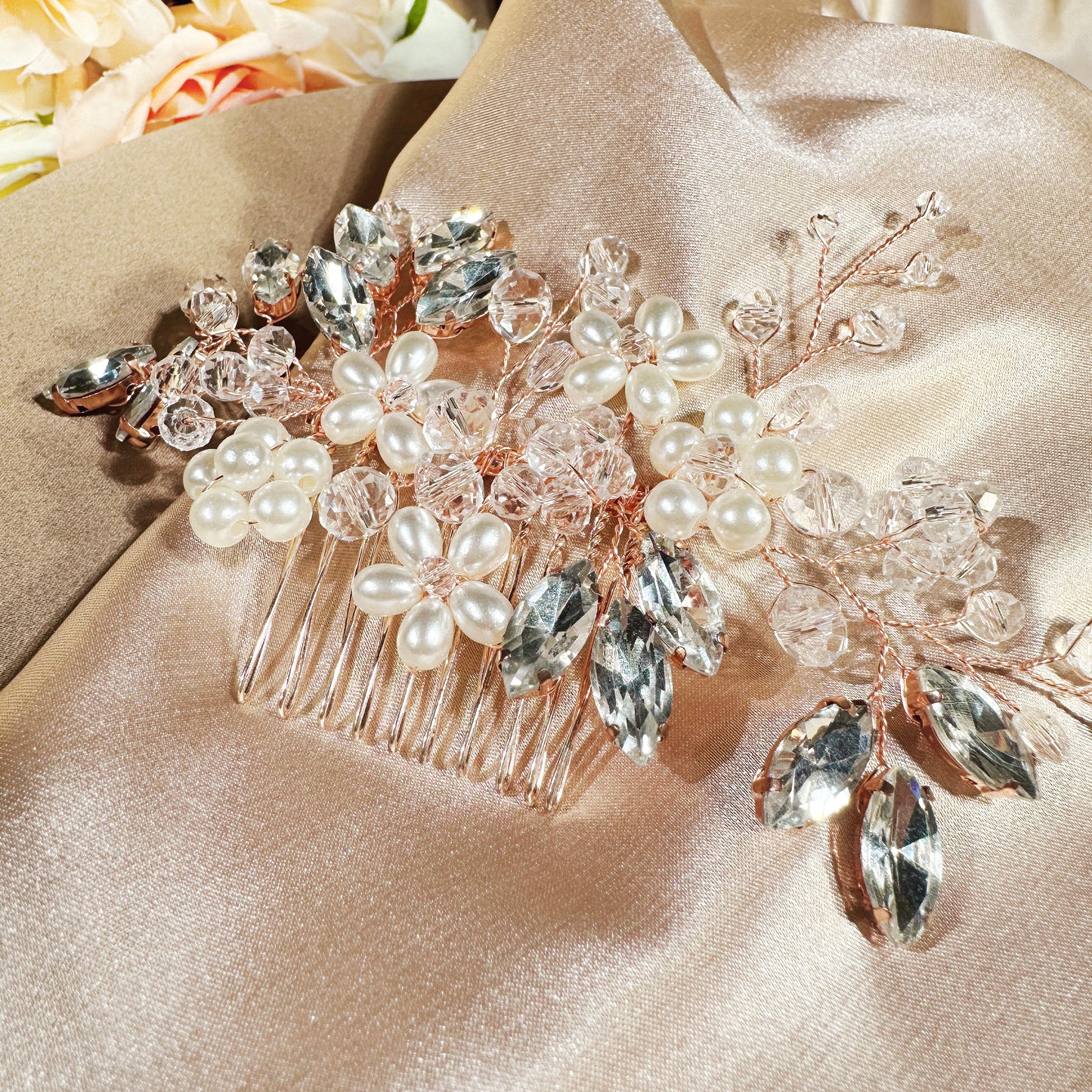 #23306325 Luxury Rhinestone Haircomb with Pearls and Crystals | Exquisite Bridal Accessory | Rose Gold Bridal Haircomb