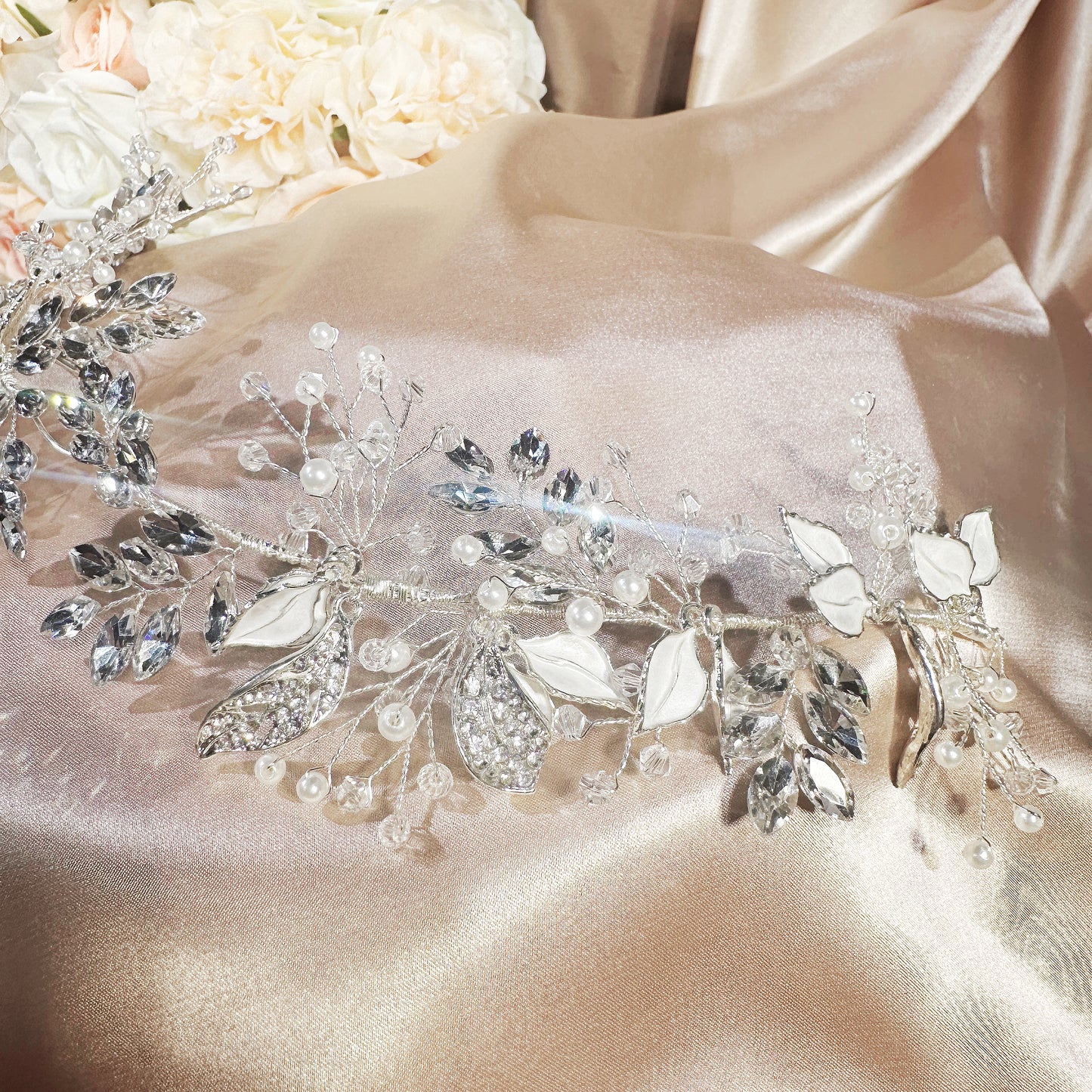 Elegant Leaf Design Rhinestone Headband with Pearls and Crystals | Bridal Hairpiece