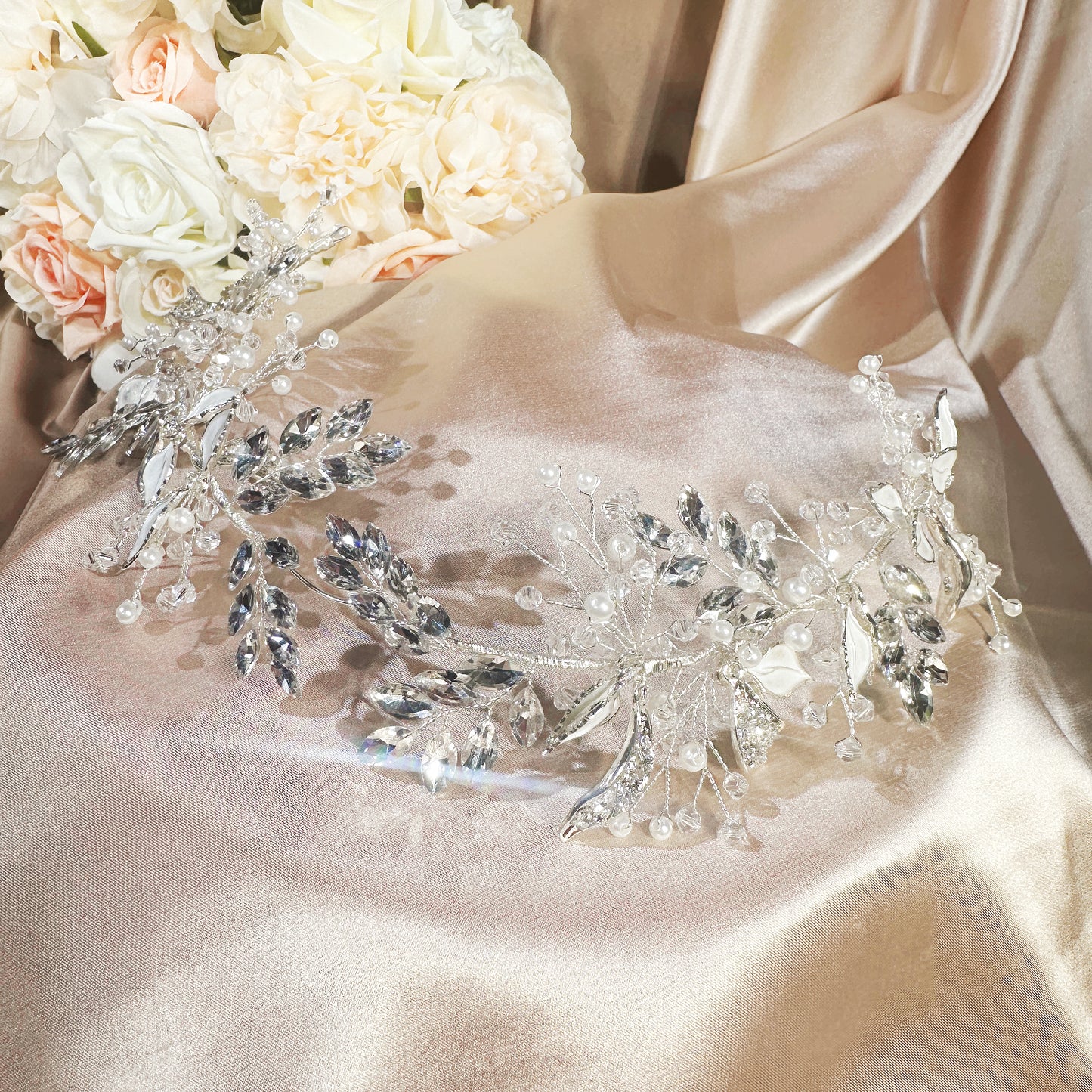 Elegant Leaf Design Rhinestone Headband with Pearls and Crystals | Bridal Hairpiece