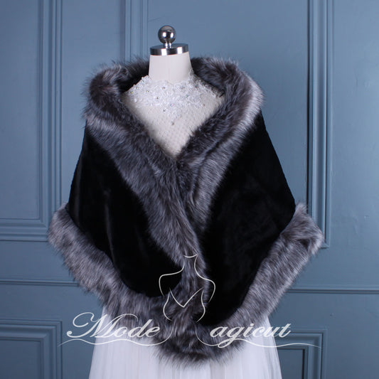 #14218003 Classic Black/Grey Faux Fur Shawl