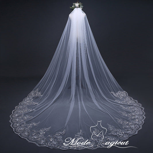 #19308005  3*3 Meters One-Tier Sequins Lace Edge Cathedral Bridal Veils Bridal Veils with Comb