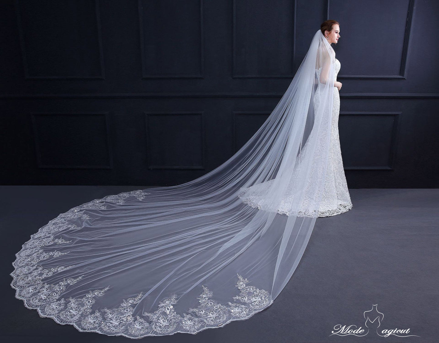 #21308006  4*3 Meters Sequins Lace Applique Edge Cathedral Bridal Veils with Comb