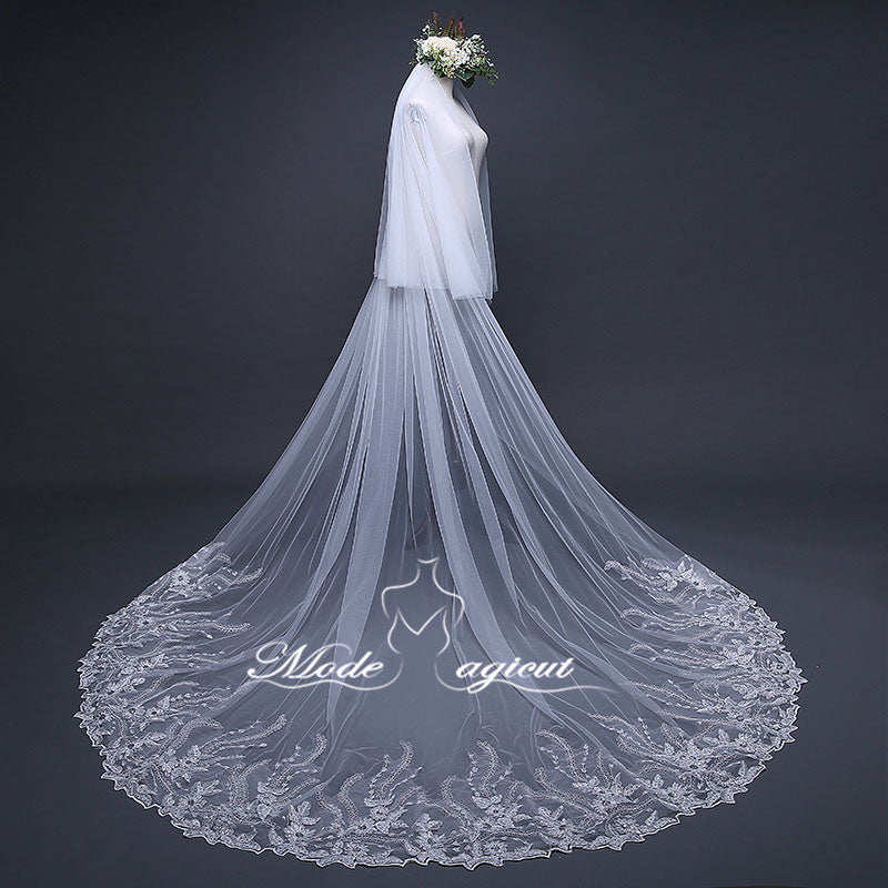 #21308018 3.8*3 Meter Sequins Lace Applique Edge 2-Tier Cathedral Bridal Veil | For Wedding