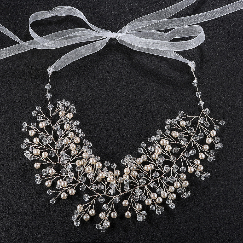 #08418071 Pearl And Crystal Silver Alloy Handmade Headband With Organza