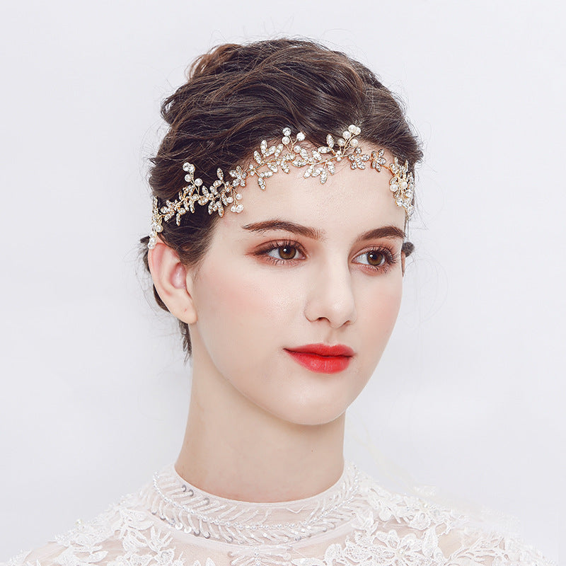 #09418200 Golden Color Rhinestone, Imitation Pearls, Alloy Headband
