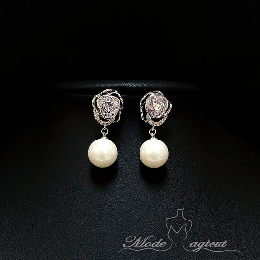 #20481 Elegant Rosette Sterling Silver Cubic Zirconia Stud Earrings with Imitation Pearls Pendant
