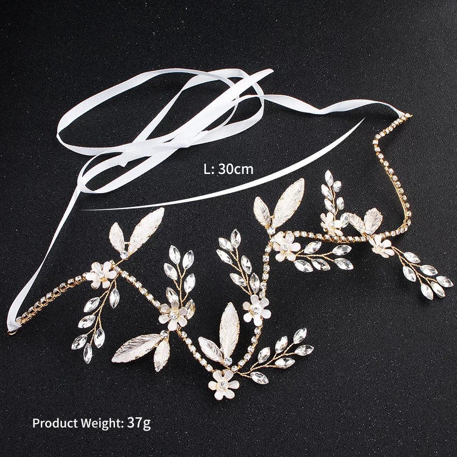 #06419024 Golden Rhinestone Headband with Flowers