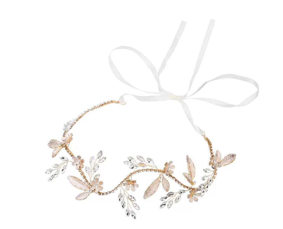 #06419024 Golden Rhinestone Headband with Flowers