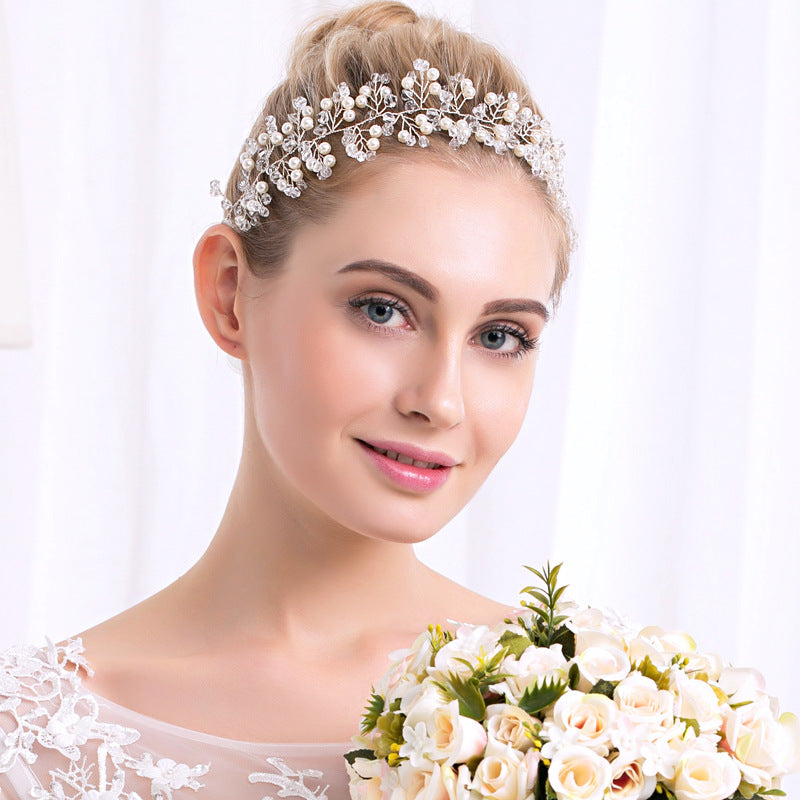 #08418071 Pearl And Crystal Silver Alloy Handmade Headband With Organza