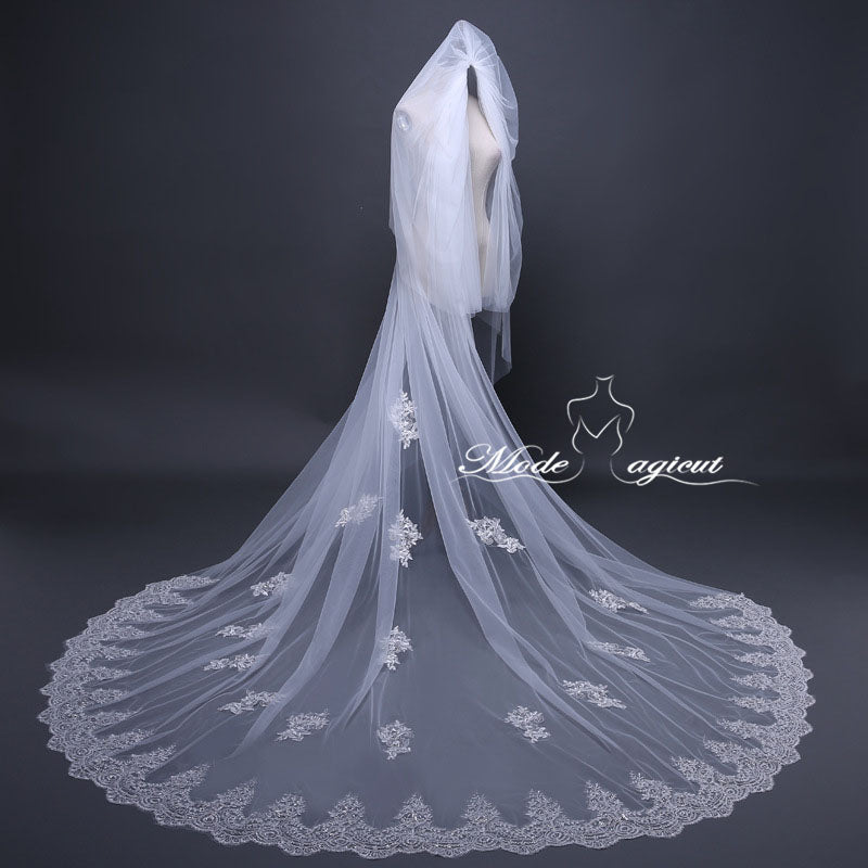 #20308016 3.8*3 Meter Sequins Lace Applique Edge 2-Tier Cathedral Bridal Veil | For Wedding