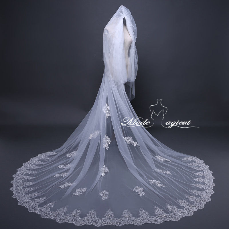 #20308016 3.8*3 Meter Sequins Lace Applique Edge 2-Tier Cathedral Bridal Veil | For Wedding