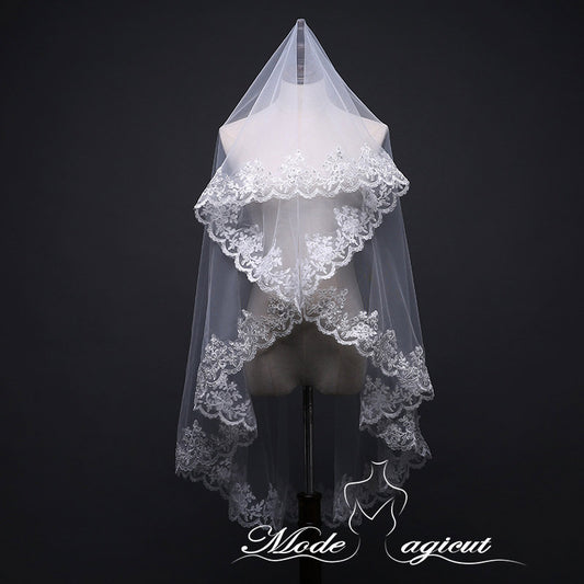 #07308010 One-Tier Lace Trimming Edge Elbow Bridal Veils