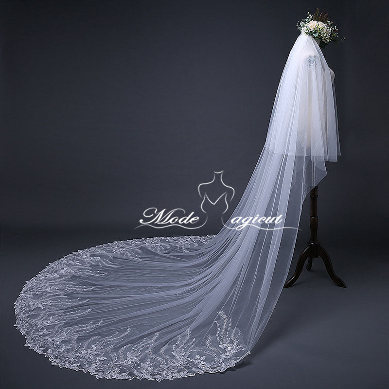 #21308018 3.8*3 Meter Sequins Lace Applique Edge 2-Tier Cathedral Bridal Veil | For Wedding
