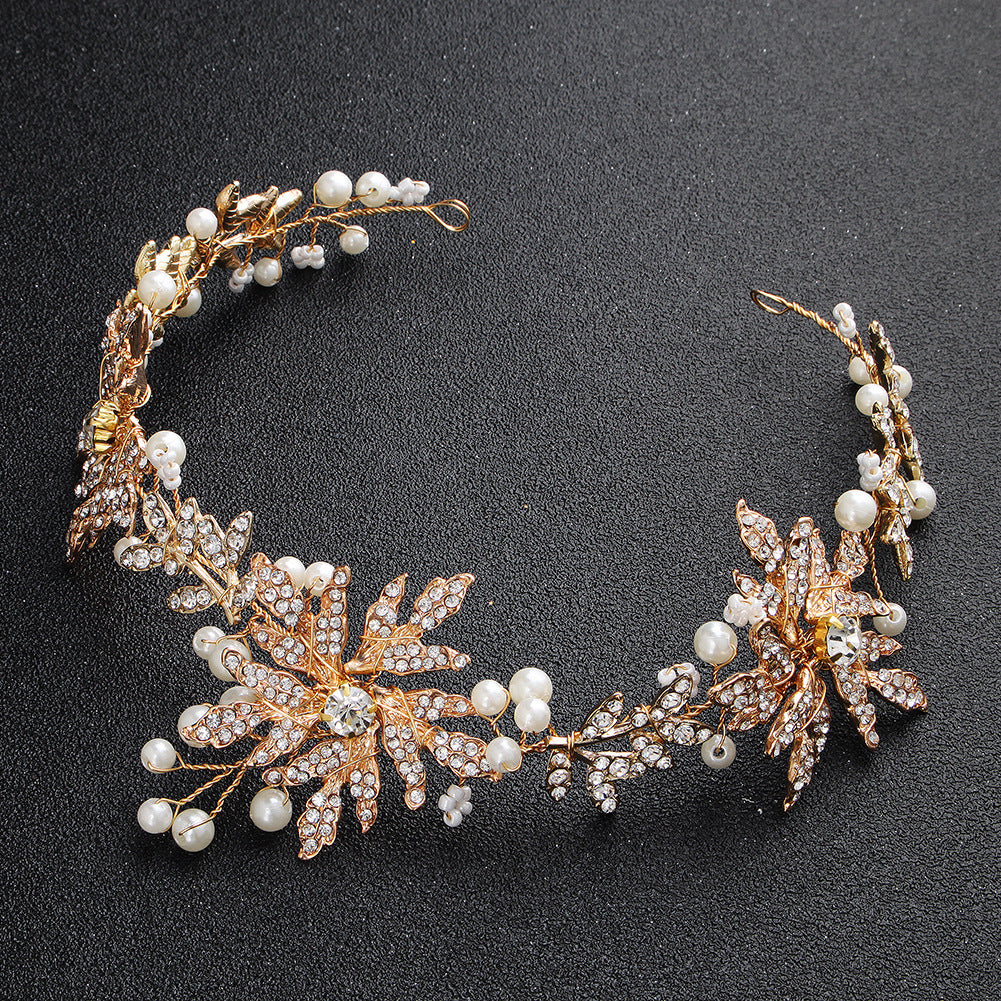 #09418197 Golden Color Rhinestone Alloy with Imitation Pearls Headband