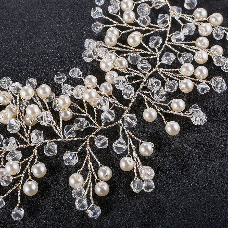 #08418071 Pearl And Crystal Silver Alloy Handmade Headband With Organza