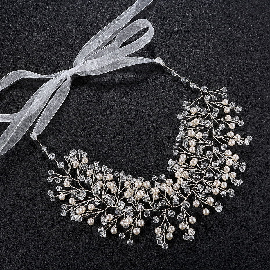 #08418071 Pearl And Crystal Silver Alloy Handmade Headband With Organza