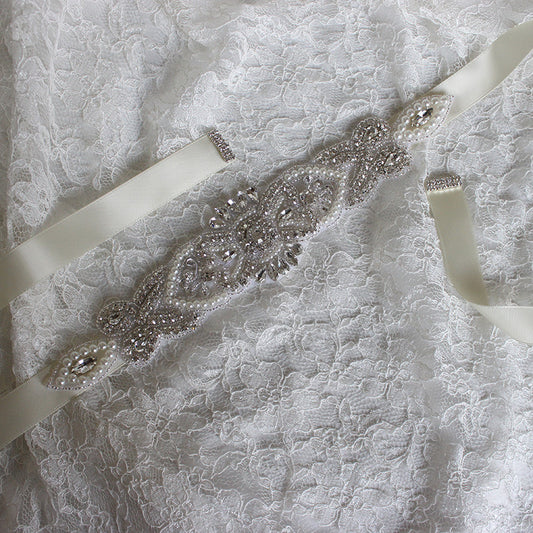 #05608279 Ivory Ladies' Ribbon Sash with Rhinestones and Imitation Pearls Applique