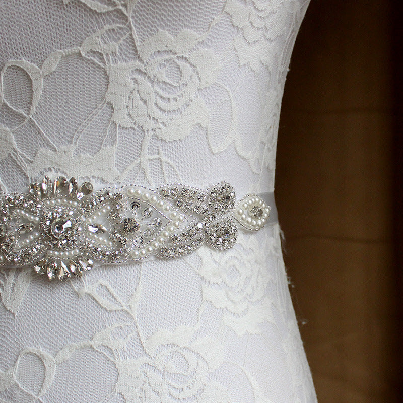 #05608279 Ivory Ladies' Ribbon Sash with Rhinestones and Imitation Pearls Applique