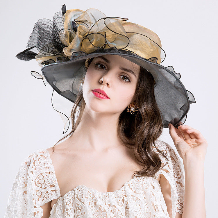#09968036 Ladies' Elegant Organza Floppy Summer Hat with Bow-knot