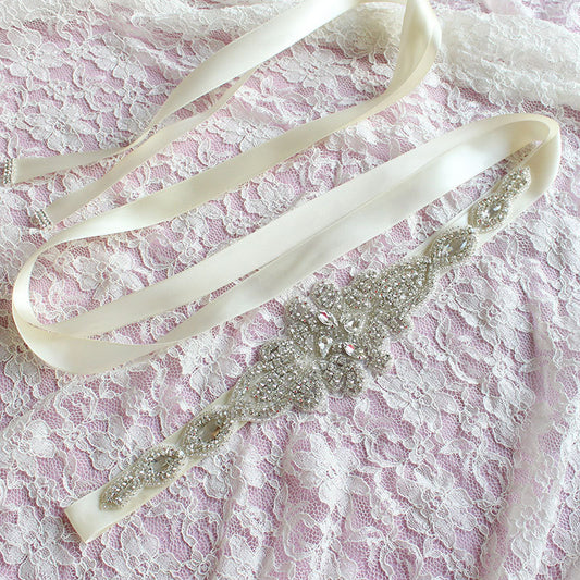 #05608280 Ivory Elegant Ribbon Sash with Rhinestones Applique