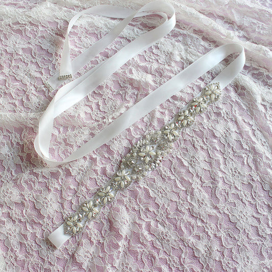 #05608281 Beautiful Ivory Bridal Ribbon Sash with Rhinestones and Imitation Pearls