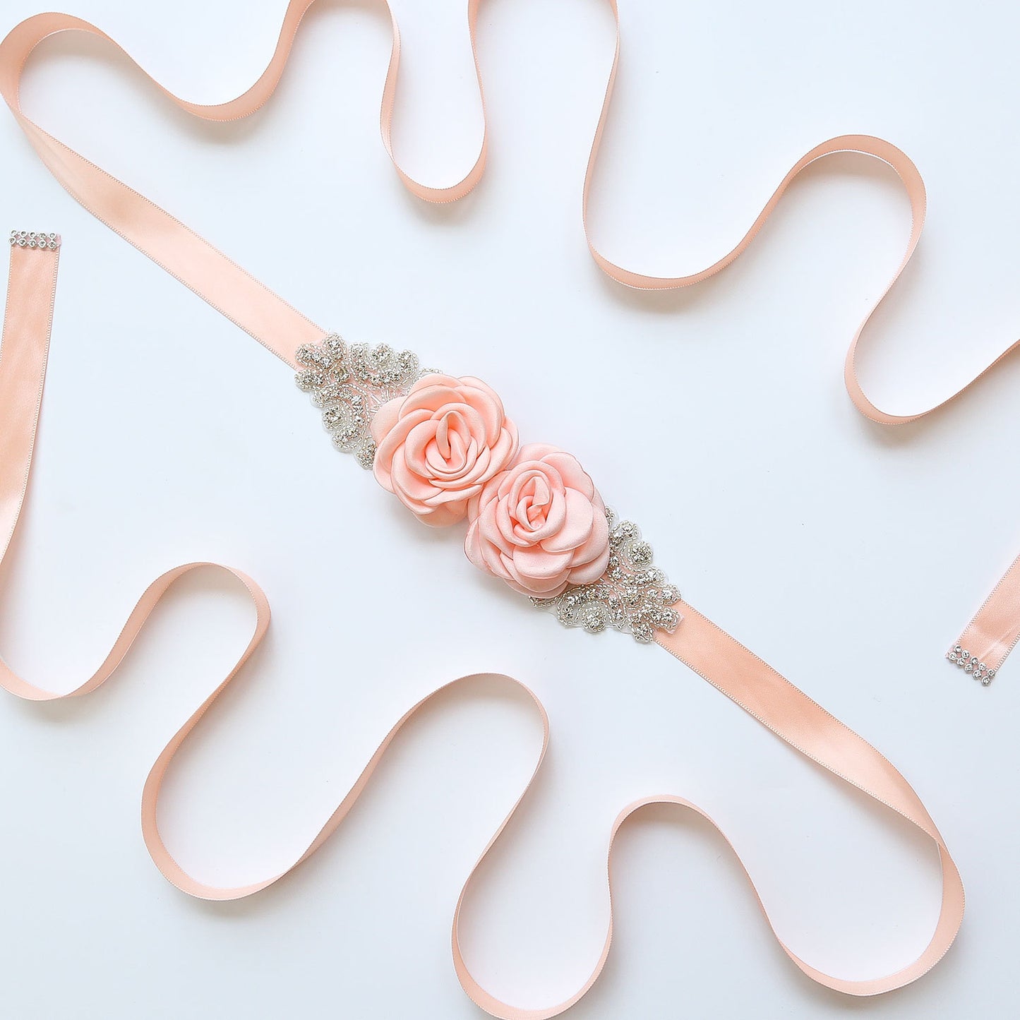 #05608283 Lovely Bridal Ribbon Sash with flowers and Rhinestones Applique