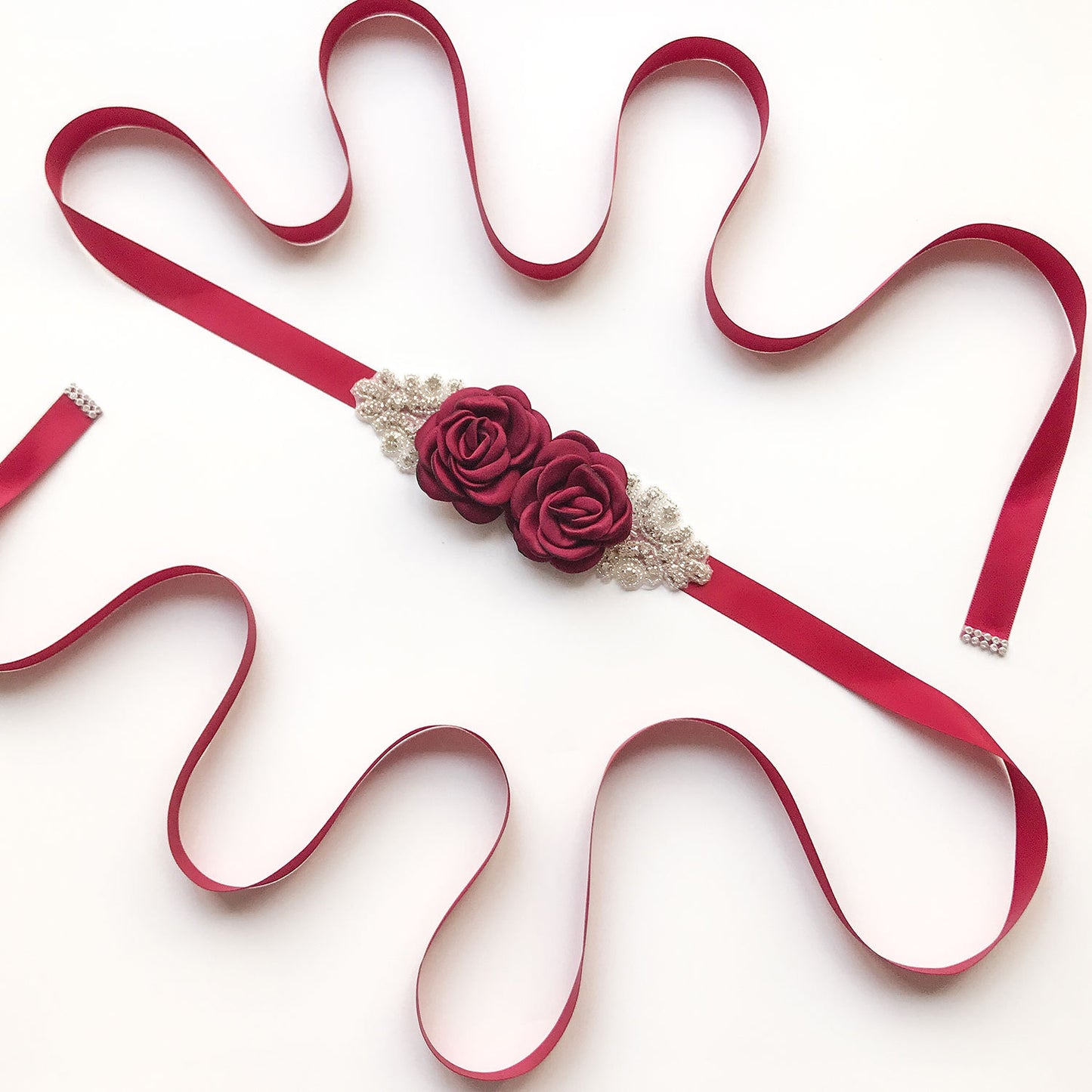 #05608283 Lovely Bridal Ribbon Sash with flowers and Rhinestones Applique