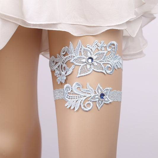 #07028168 Elegant Sky Blue Lace Garter with Rhinestones Embellishment