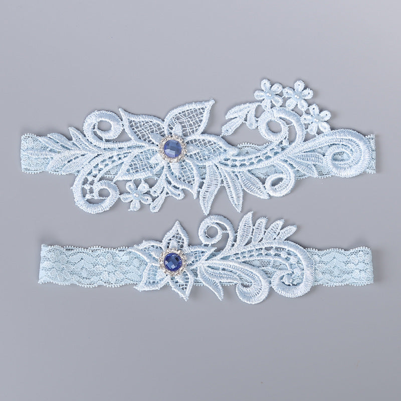 #07028168 Elegant Sky Blue Lace Garter with Rhinestones Embellishment