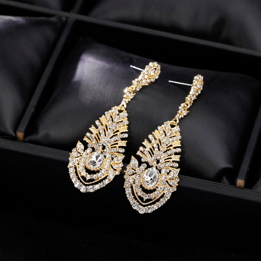 #02538104 Ladies' Long Teardrop-shaped Ally/Rhinestone Drop Earrings