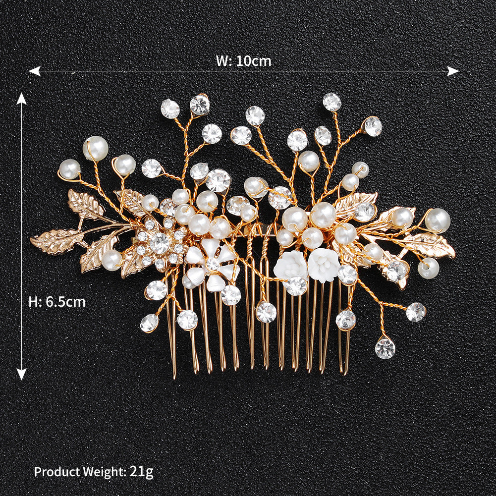 #04448187 Golden Rhinestone Imitation Pearls Hair Comb
