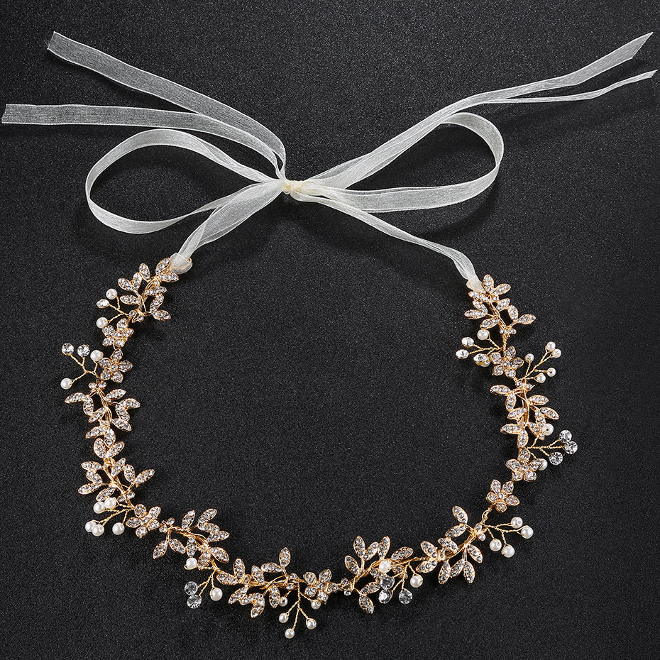 #09418200 Golden Color Rhinestone, Imitation Pearls, Alloy Headband