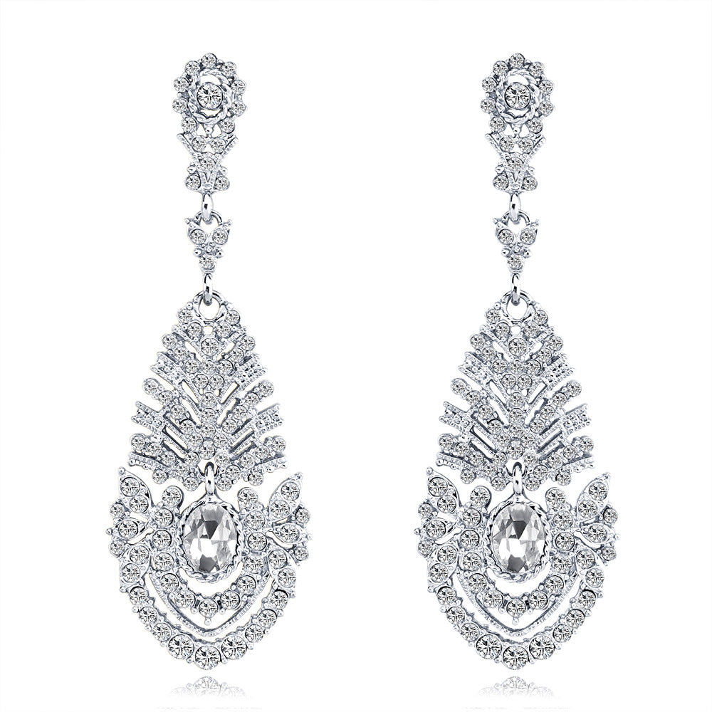 #02538104 Ladies' Long Teardrop-shaped Ally/Rhinestone Drop Earrings