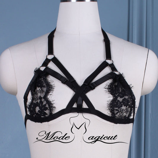 #07089004  Body Harness Lingerie Goth Crop Tops with Lace