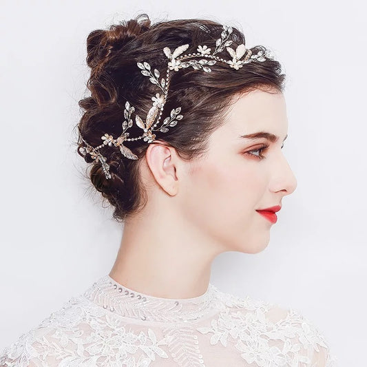 #06419024 Golden Rhinestone Headband with Flowers