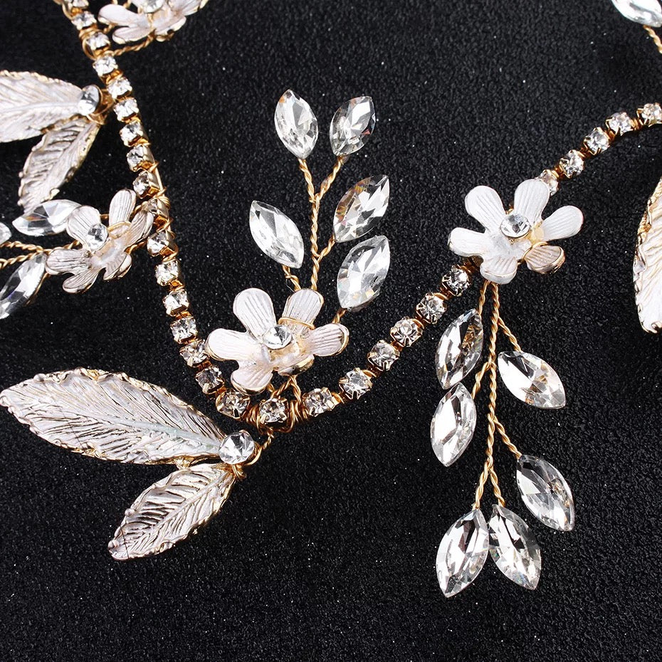 #06419024 Golden Rhinestone Headband with Flowers
