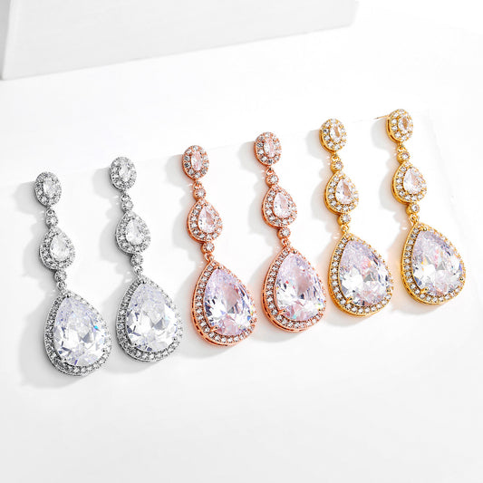 22103435 Long Teardrop Cubic Zirconia Earrings (Silver, Gold, Rose-Gold)