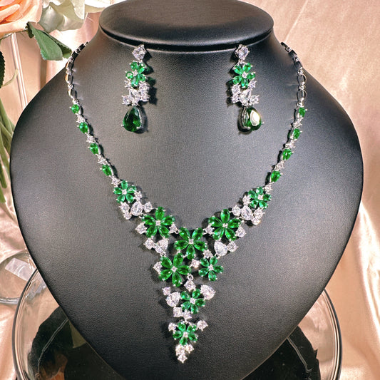 #23902006 Elegant and Glamorous Bib Style Jewelry Set - Available in 3 Stunning Colors (Silver, Green, & Blue)