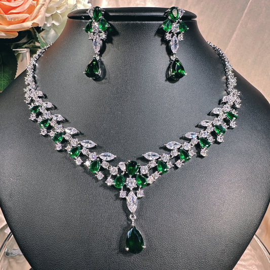 #18522020 Cubic Zirconia Jewelry Set (Green,Blue,Silver)