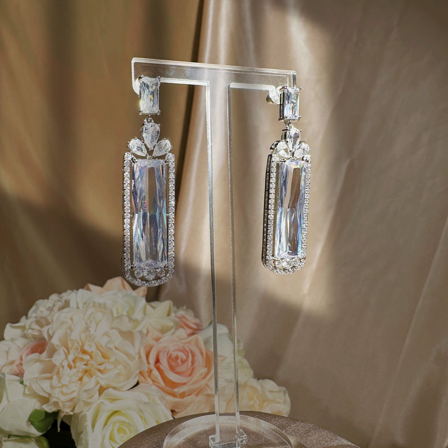 #22103436 Luxurious Baguette Cubic Zirconia Shape Style Earrings Perfect for Any Special Occasion