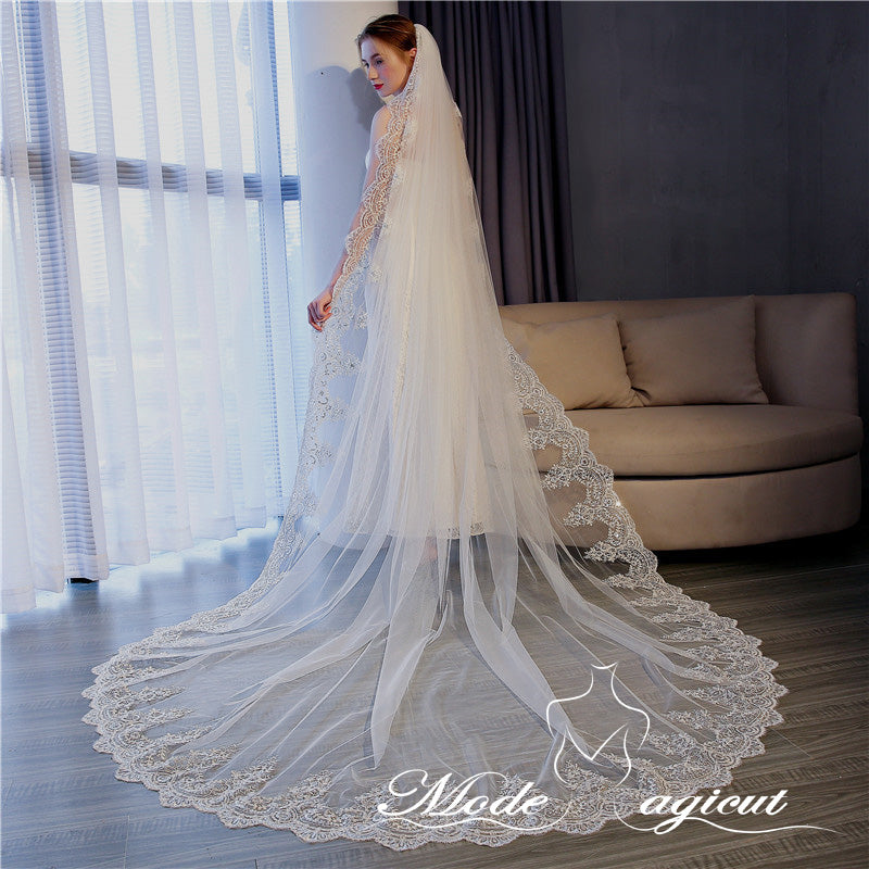 #21308014 3*5 Meters One-tier Sequin Lace Edge Cathedral Bridal Veils | For Wedding