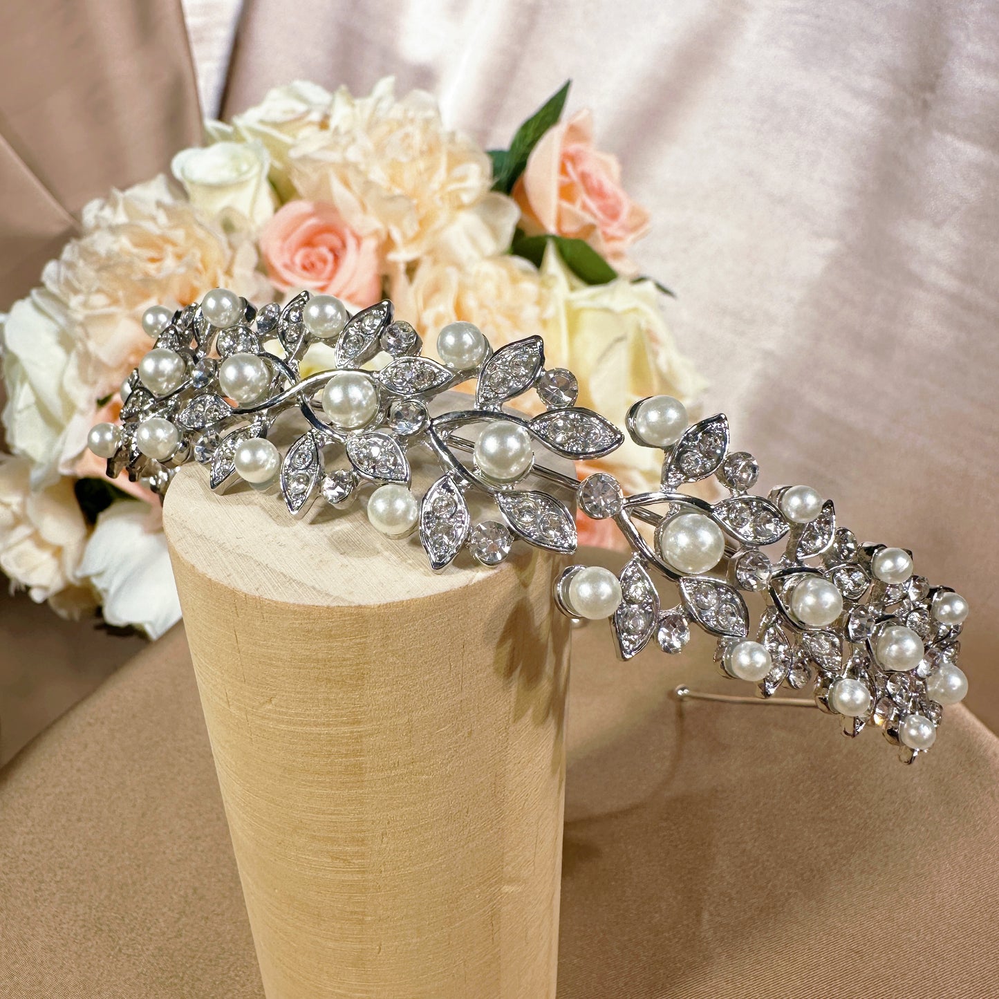 234199412 Delicate Pearl and Leaf Headband for a Romantic Wedding Day Look