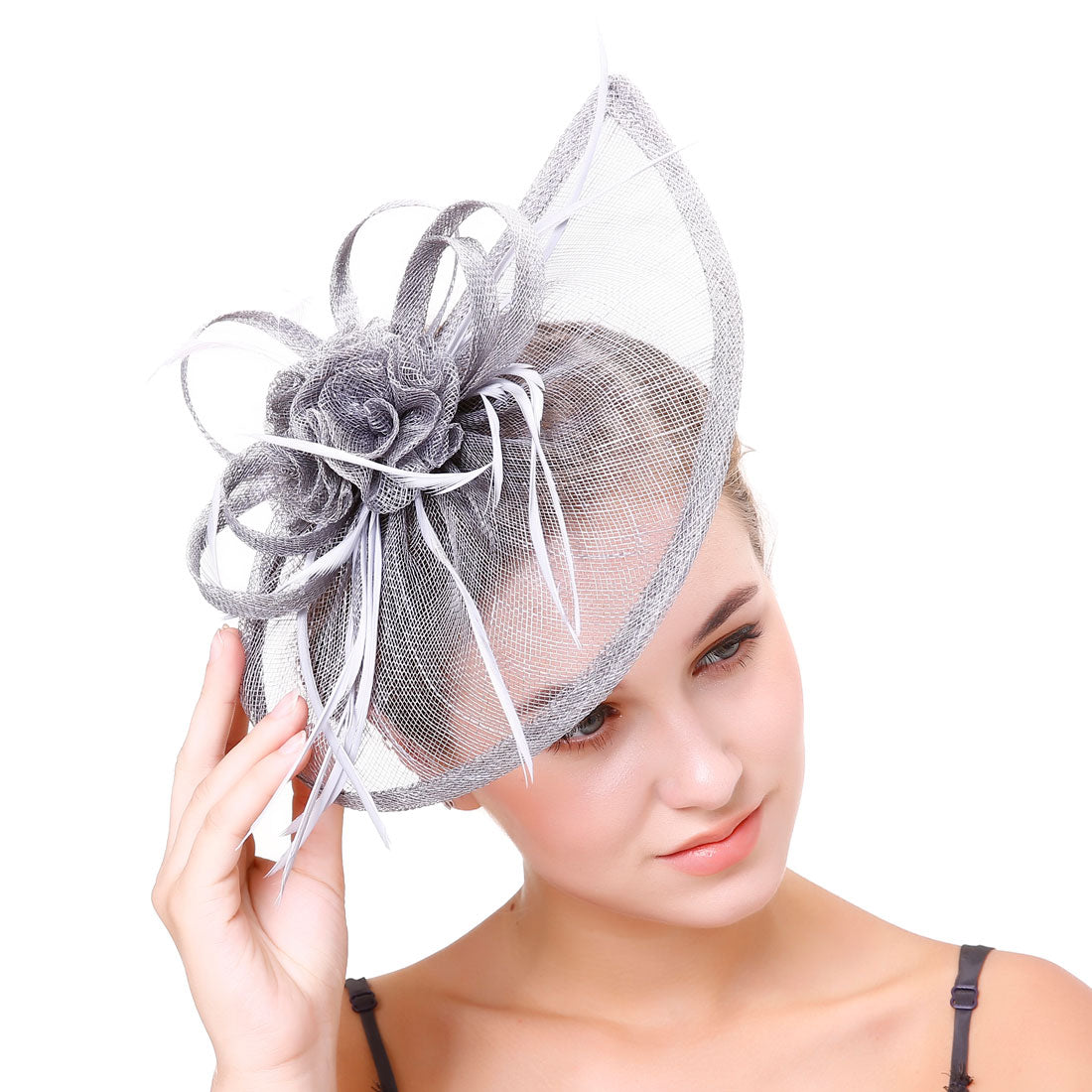#09948010 Beautiful Linen Fascinators With Flowers and Feathers