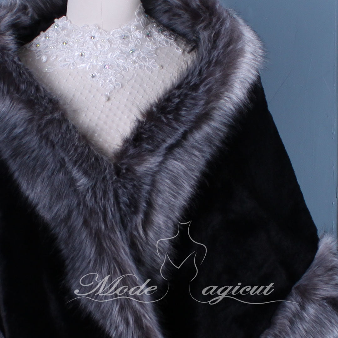 #14218003 Classic Black/Grey Faux Fur Shawl