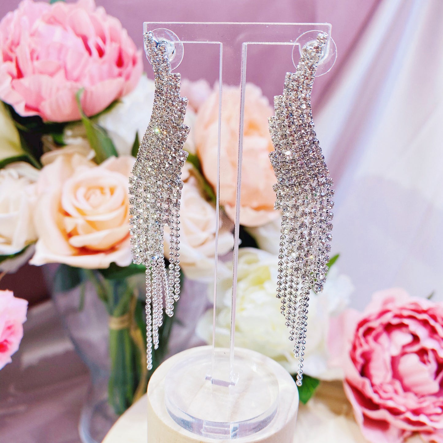 #01538005 Rhinestones Earrings (Silver, Rose Gold) 9cm*1.5cm