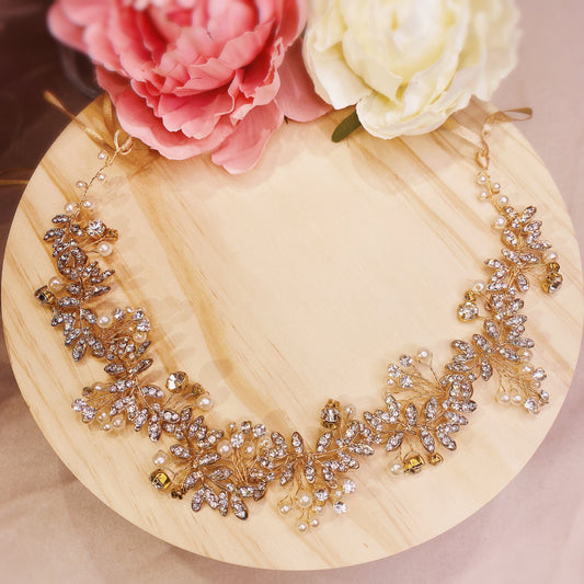#09410071 Rhinestone, Imitation Pearls Golden Headband 35cm*4cm