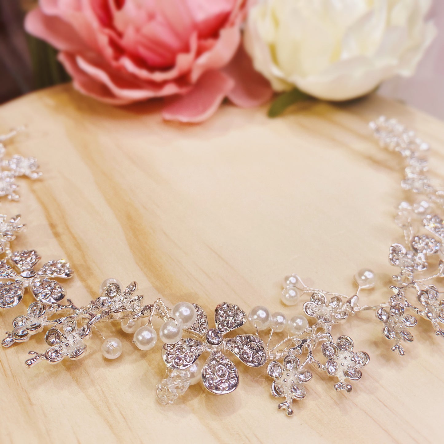 #08410013 Rhinestones Flowers Headband with Imitation Pearls