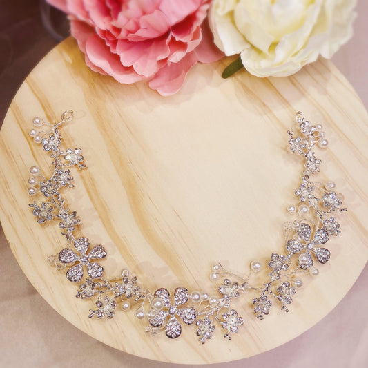 #08410013 Rhinestones Flowers Headband with Imitation Pearls