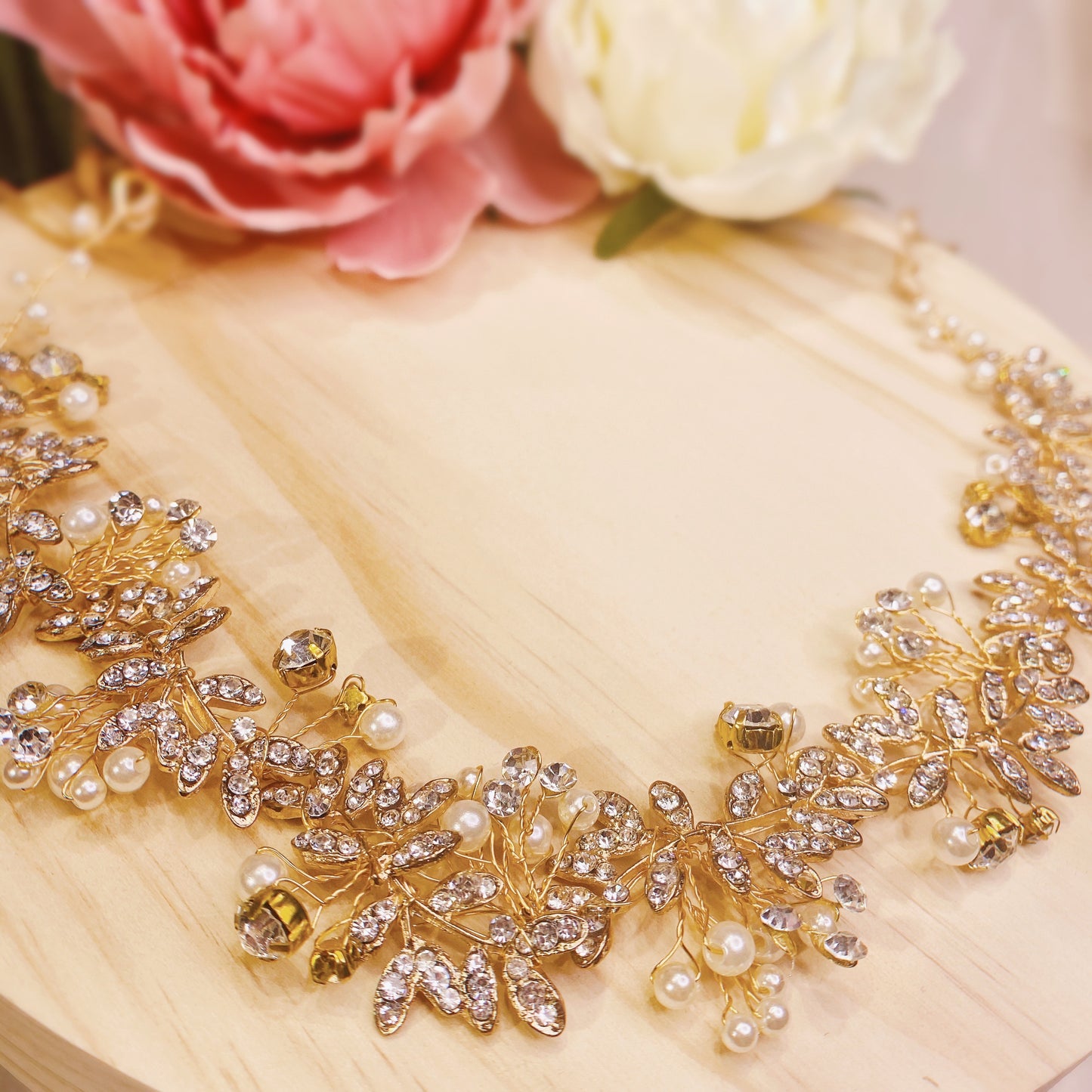 #09410071 Rhinestone, Imitation Pearls Golden Headband 35cm*4cm